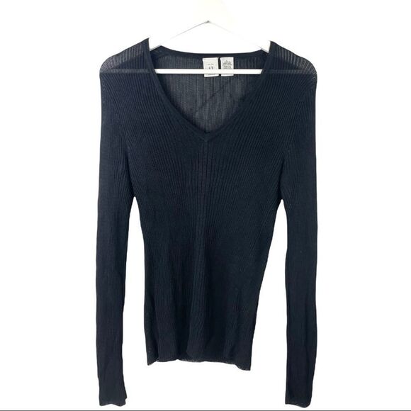 AX Armani Exchange Jet Black Rayon Black Ribbed V Neck Sweater Size L - Picture 2 of 5